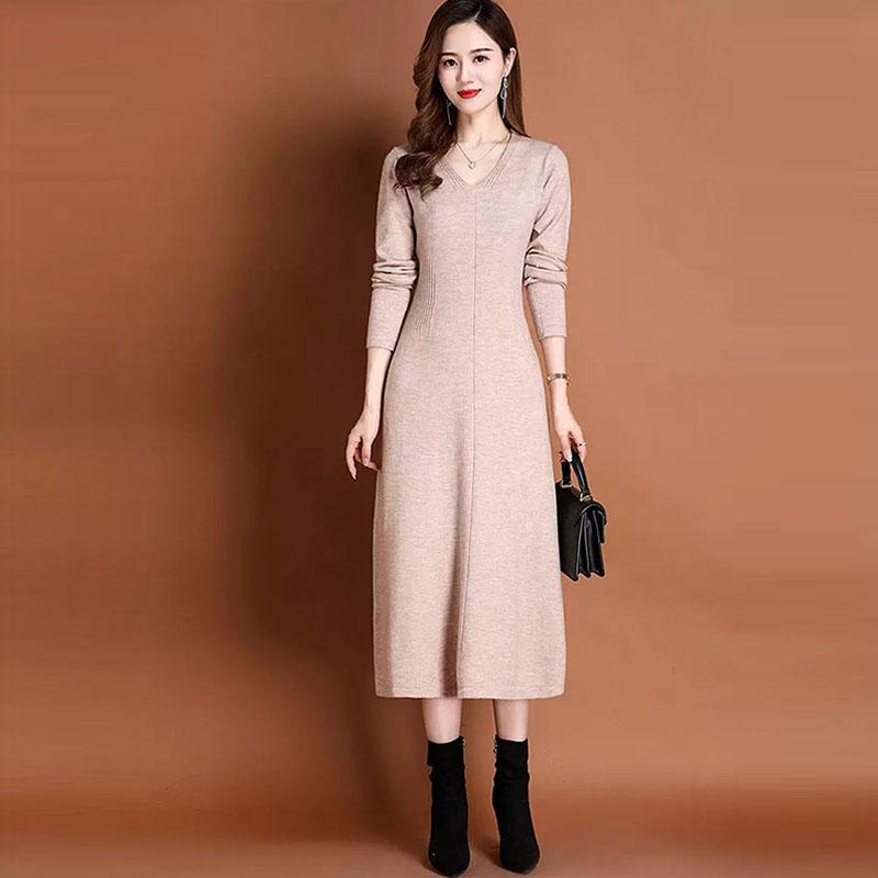 Knitted Dress Women Autumn Temperament V Neck Dress Spring and Autumn Solid Long Sleeve Sweater Long Dress Pullover Female