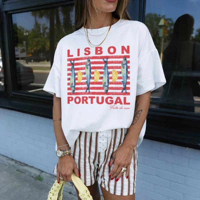 Unisexs Retro Lisbon Sardine Graphic Tee Short Sleeve Cotton Tshirt Cute Aesthetic Coastal Travel Vintage Top For Ladies