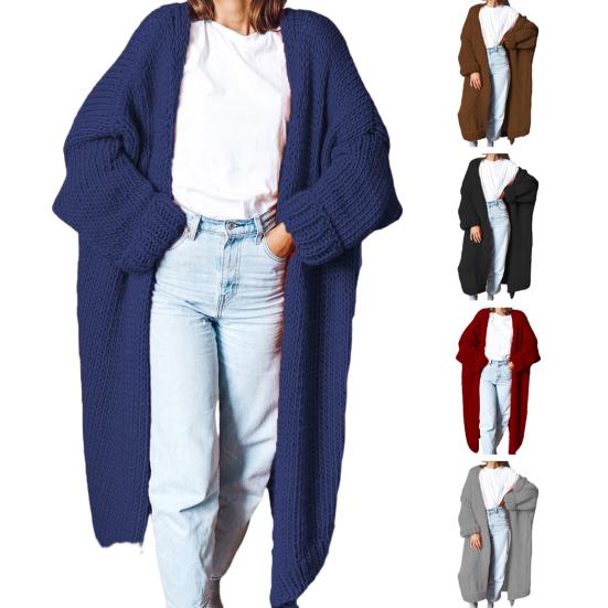 Свитер-кардиган с открытой вышивкой, морозостойкий теплый кардиган, однотонный стиль, свитер длиной до середины икры, пальто, повседневная одежда