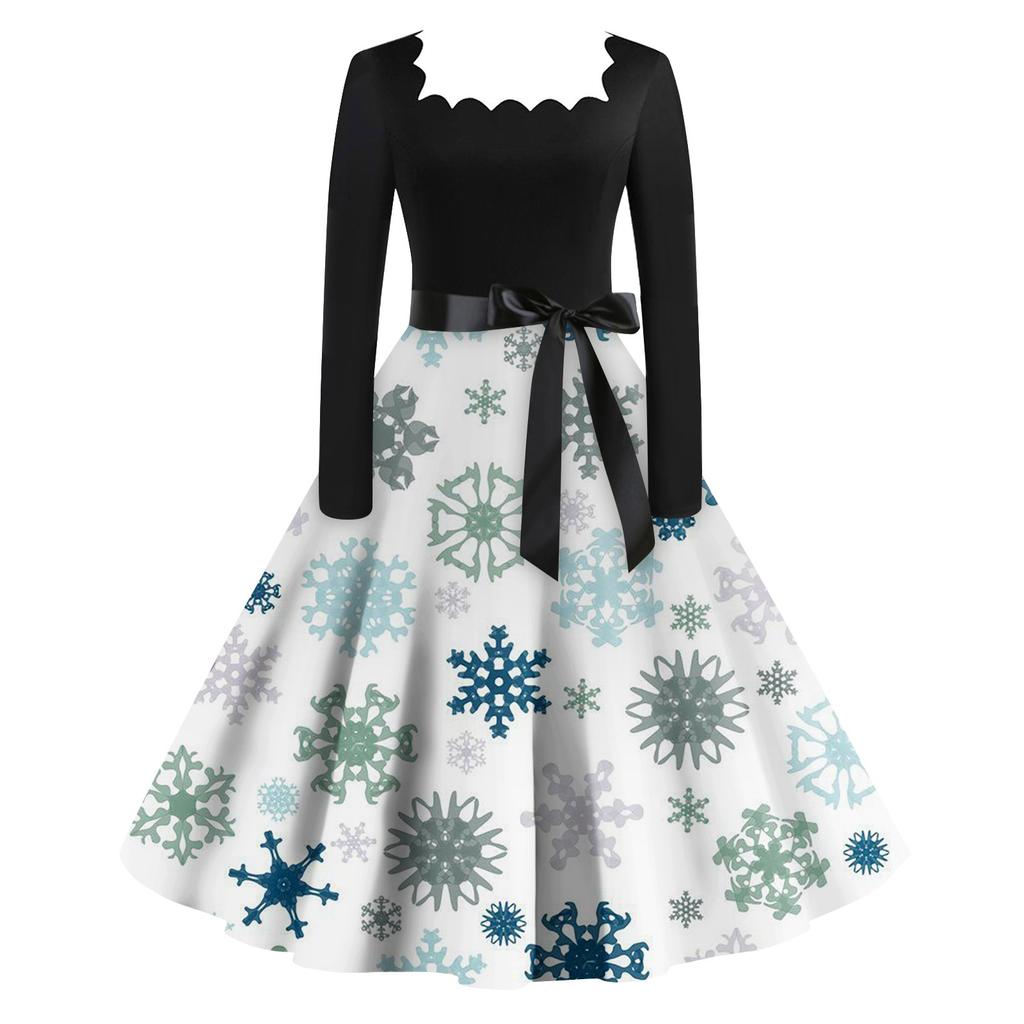 Women's Fashion Vintage Long Sleeve Square Neck Christmas Printed Evening Party Dresses Dresses