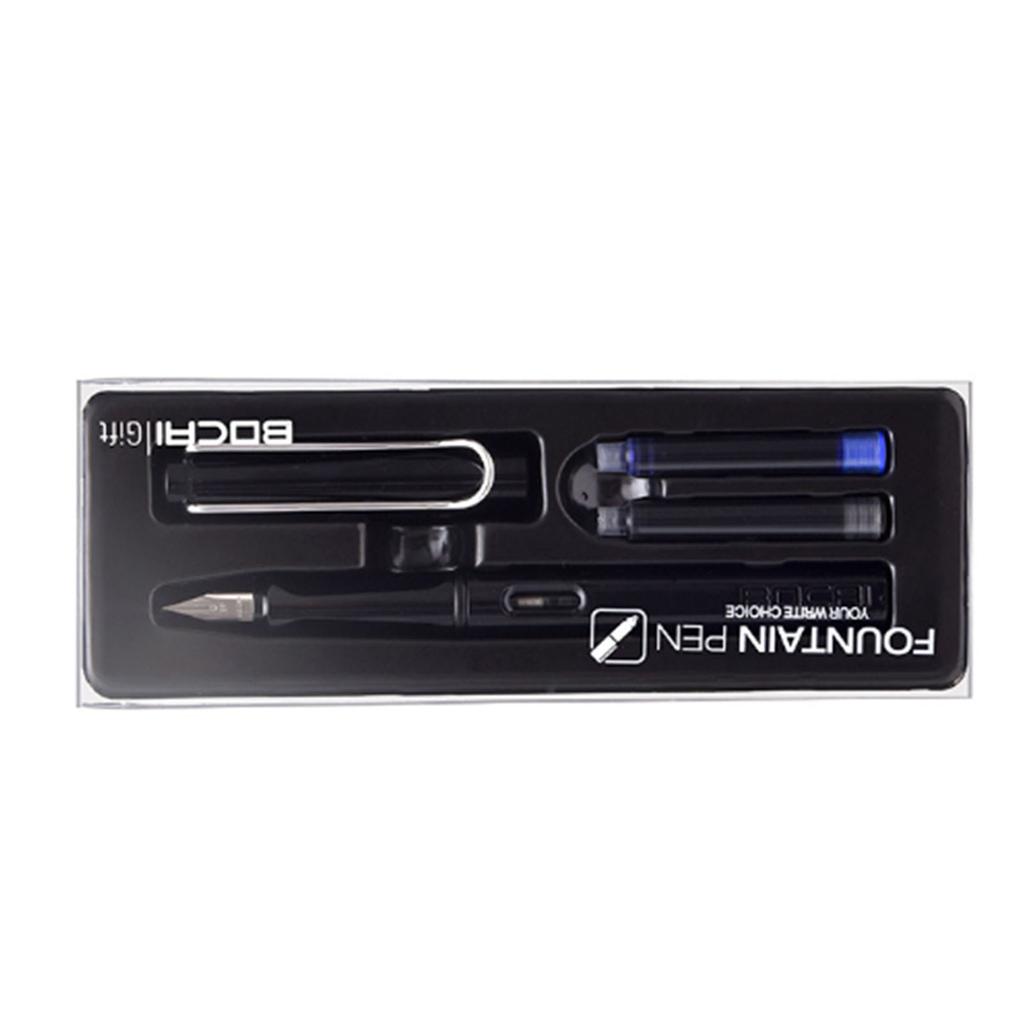Refillable Fountain Pen with Ink Cartridge Stainless Steel Chrome Plated 0.38mm Nib Writing Pen Set Black