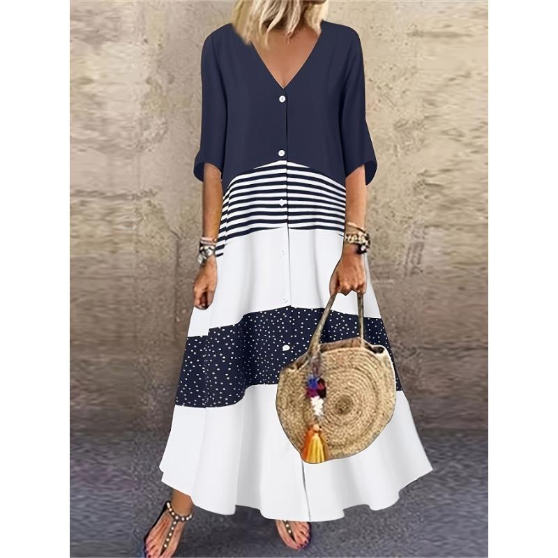 Women's New Summer V-neck Short Sleeve Pullover Long Colour Blocking Dress