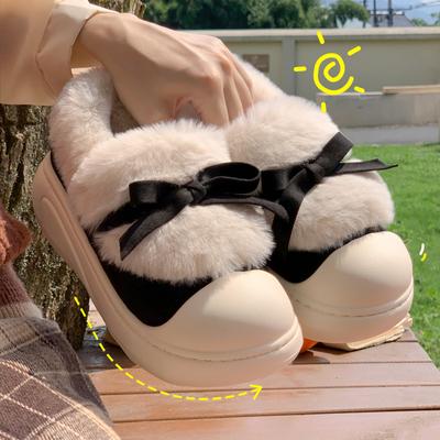 Модные теплые зимние сапоги с бантом, женские нескользящие зимние сапоги с толстой подошвой из искусственного меха, женские плюшевые ботильоны без застежек на щиколотку с мягкой подошвой