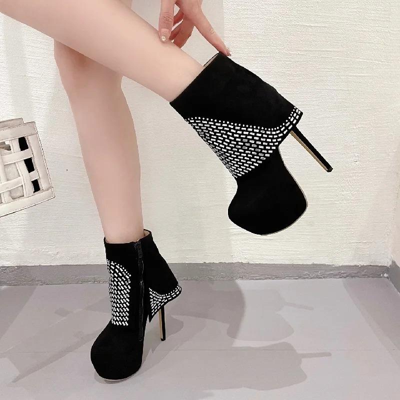 Eilyken Пикантные стильные женские босоножки на высоком каблуке-шпильке с кристаллами, дизайнерские женские туфли для стриптизерши на платформе с молнией и круглым носком