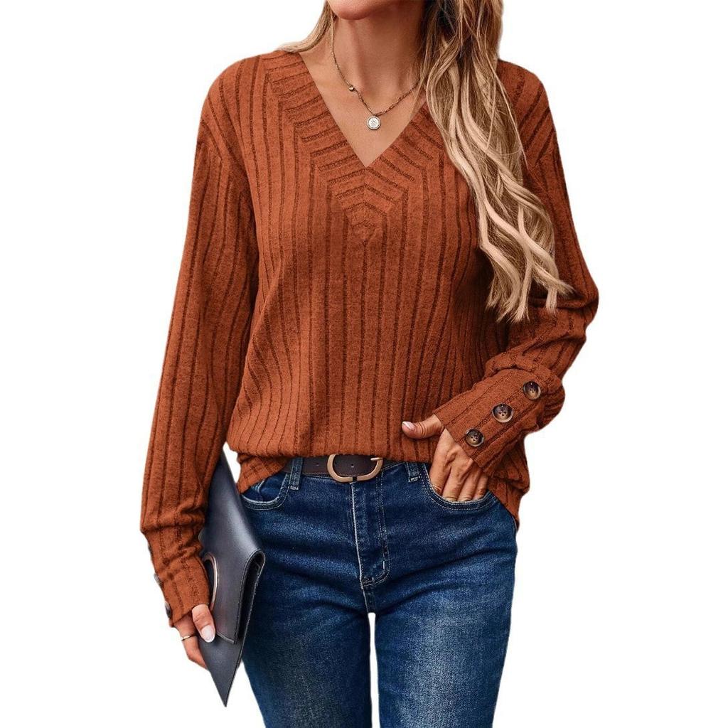 New Autumn and Winter Women's Long-sleeved V-neck Shirt Solid Color Button T-shirt