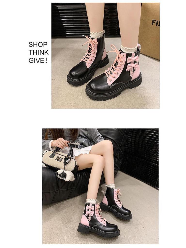 Женские розовые ботинки Мартина с бантом и сердцем - Модные ботильоны на платформе 2025 для весны и осени