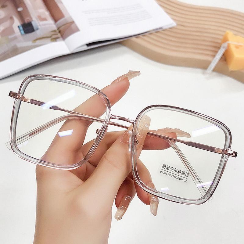 Fashion Anti Blue Light Glasses Large Square Metal Transparent Frame Women Computer Gaming Eye Protection Plain Spectacles