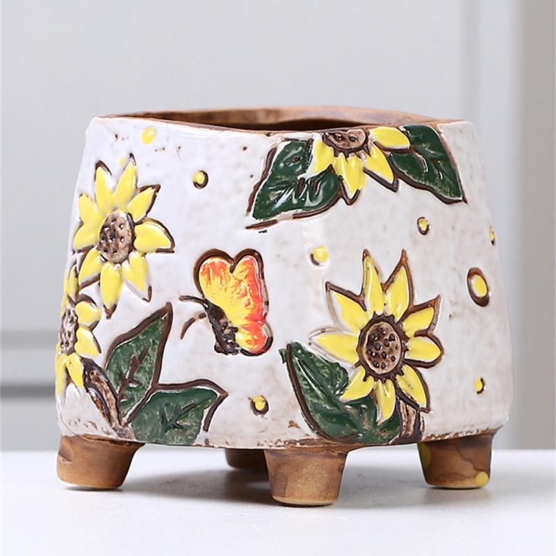 Керамический цветочный горшок Креативная ручная роспись Резьба Керамические украшения для дома Цветочные горшки Суккулентный цветочный горшок