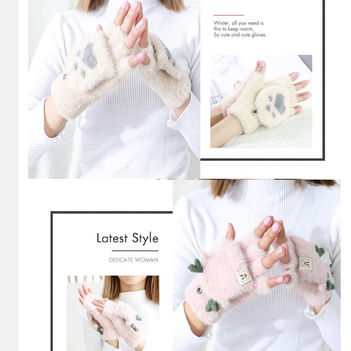 Winter Warm Soft Rabbit Fur Knit Mittens Women Flip Half Finger Plush Thick Cute Cartoon Cat Claw Touch Screen Driving Gloves I1
