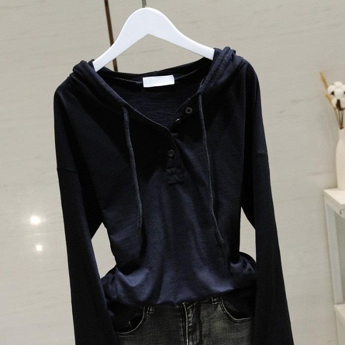Women's Korean-Style White Hooded Long-Sleeve T-Shirt - 2025 Spring/Autumn Loose-Fit Top