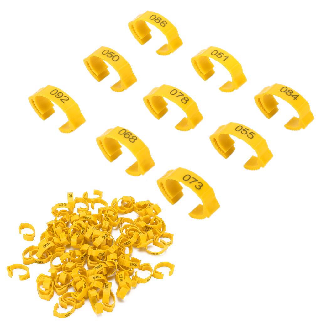 100Pcs Poultry Foot Rings Identification Leg Buckle with Numbers for Chicken Duck BirdYellow