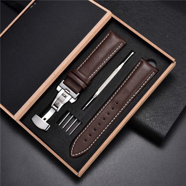 Классические ремешки для часов из мягкой кожи, деловые ремешки для часов с автоматической застежкой, ремешок в деревянной коробке 18 мм, 20 мм, 22 мм, 24 мм, ремешок для часов