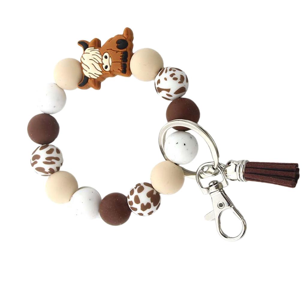 Highland Cow Silicone Tassels Keyring Durable Silicone Beaded Wrist Lanyard with Highland Cow Accent Keychain Pendant