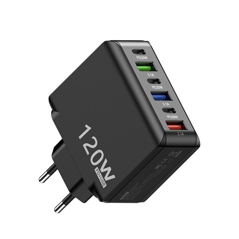 Многопортовое быстрое зарядное устройство 120 Вт: 3 USB + 3 PD, Совместимо с US/EU/UK