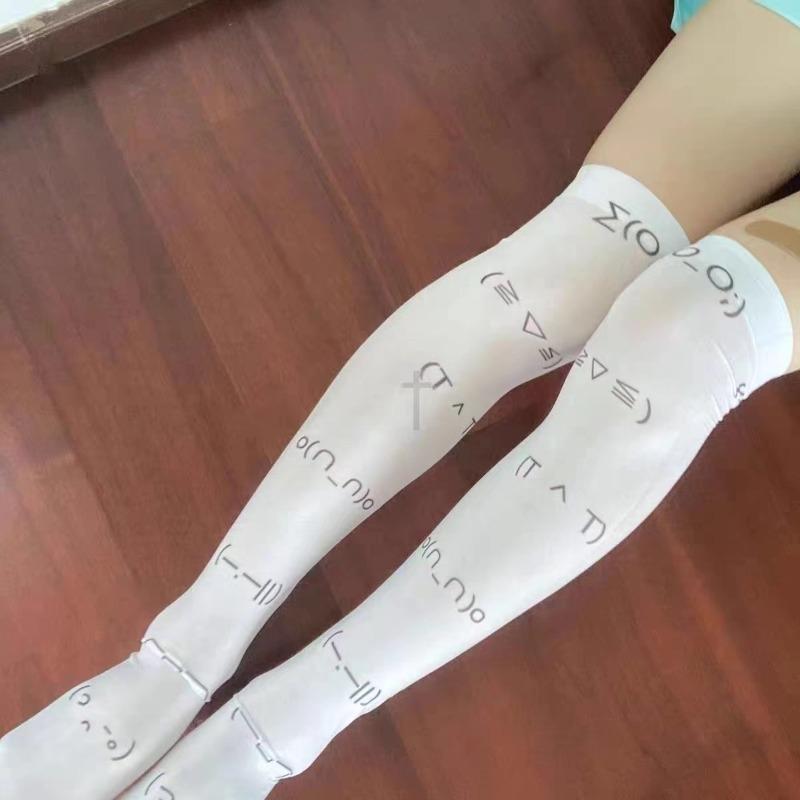 Kawaii Expression White Graffiti Letter Print Long Socks Japanese JK Harajuku Over Knee Thigh High Stockings Cosplay Socks