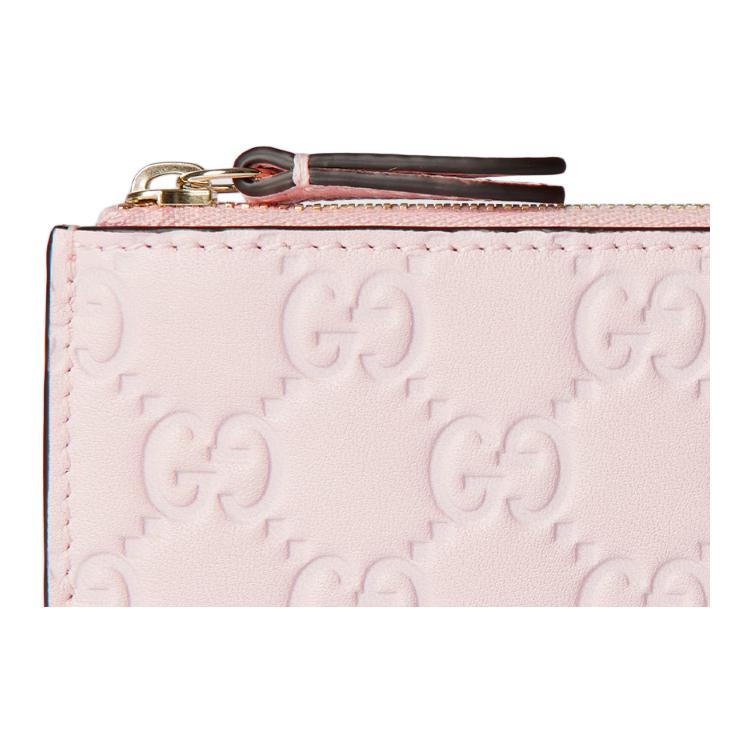 Gucci GG Embossed Light Pink Leather Card Holder, Gold Hardware Zip Closure, Women's Daily Travel Coin Purse 847205-AAFDV-5734