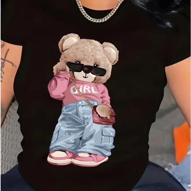 Футболка с милым принтом медведя, короткий рукав, круглый вырез, повседневный топ для лета и весны, женская одежда