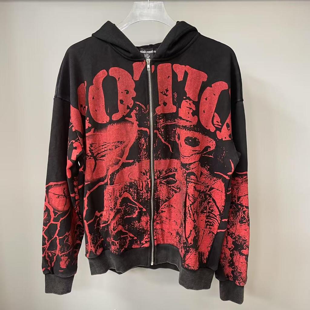 25S cross-border trendy brand MIXED & EMOTION thorn pattern letter print hooded sweater men's and women's high street jacket