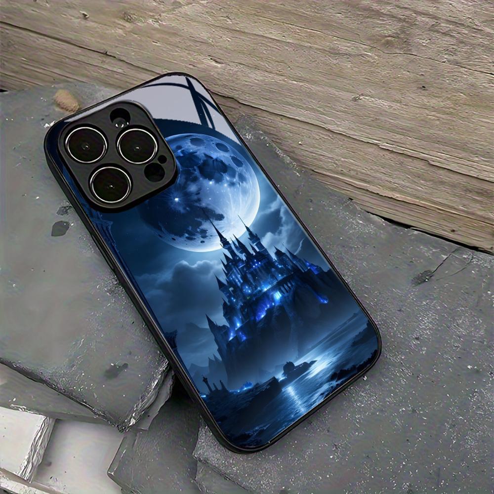 Castle Full Moon Glass Phone Case For iPhone 17 16 15 14 13 Pro Max Plus Shockproof Full Camera Lens Protection Hard Back Cover