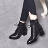 Женские остроносые кожаные ботинки осень-зима новая коллекция черные рельефные из коровьей кожи на шнуровке на толстом высоком каблуке модные ботинки