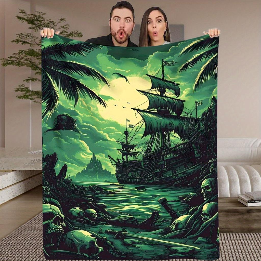1pc Pirate Ship Wreck Digital Printed Design Blanket - All-Season Soft Flannel Throw with Tropical Beach Scene, Skulls & Palm Tr