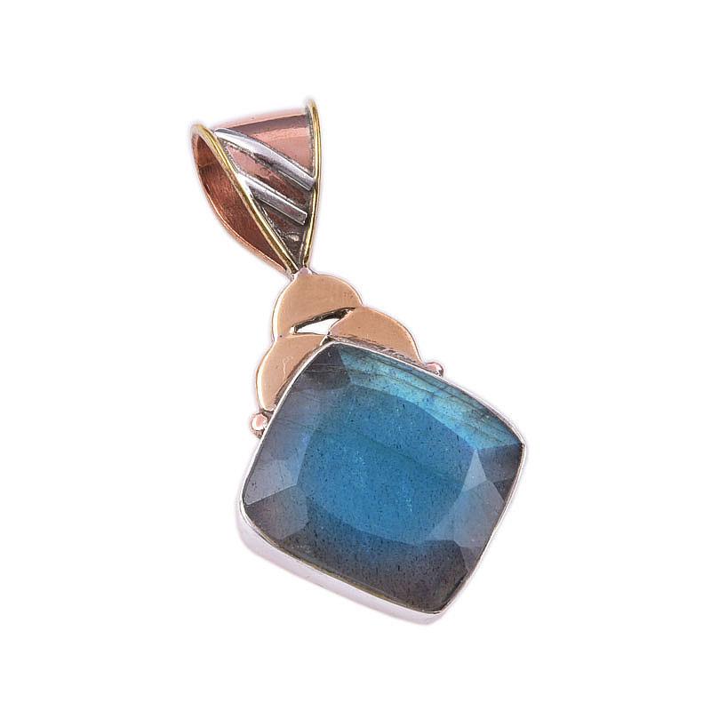 Natural Labradorite 925 Solid Sterling Silver Jewelry TwoTone Pendant 1.50" T6e05