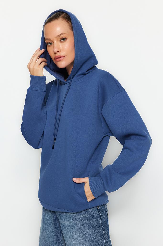 Women's Fashion New Sweatshirt Indigo Thick Inside Fleece Pocket Detailed Hooded Regular Normal Fit Knitted Sweatshirt