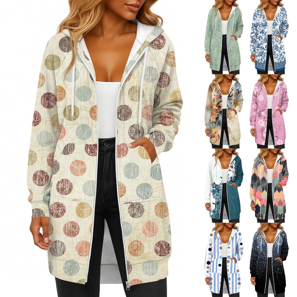Women's Fashionable Printed Long Sleeved Drawstring Hooded Zipper Pocket Long Casual Sweatshirt Jacket