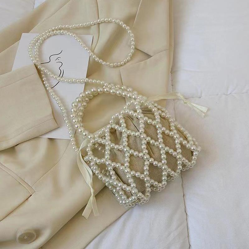 Yogodlns Сумочка в стиле французского ретро, тканая из феи, сумка-мешок из бисера, сумка через плечо, летняя нишевая дизайнерская сумка с выдолбленным жемчугом