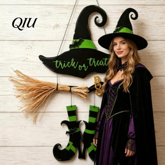 Witch Hat Wall Decor Halloween Boot Sign, Hanging Trick or Treat Decoration Reusable Sign for Home Room, Wooden Front Door Hanger Holiday