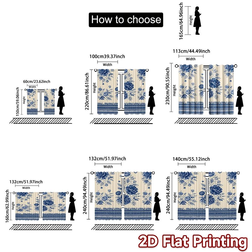 2D FLAT PRINTING 2pcs Curtains (Without Rod) Blue Floral Elegance Minimalist Chic Curtains Prints Light Filtering Curtains weet
