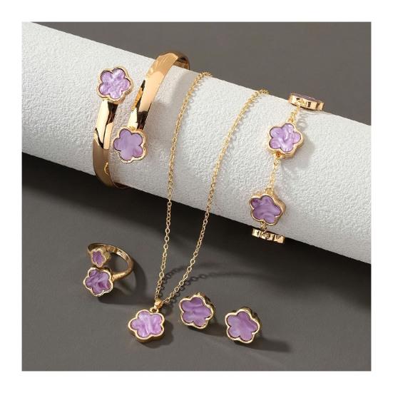 5 шт./компл. женский комплект ювелирных изделий Lucky Flower Decor сверкающие стразы ожерелье браслет серьги кольцо комплект модные ювелирные изделия