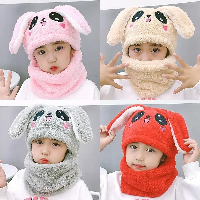 1-12Y Winter Cartoon Rabbit Coral Velvet Cap Plush Balaclava Kids Caps Double Fleece Baby Scarf Hat Baby Accessories