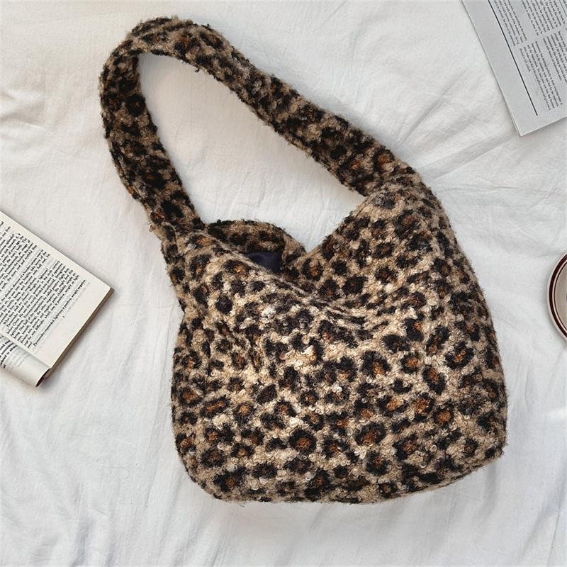 Пушистая наплечная сумка для женщин, ретро-модная сумка-тоут с леопардовым принтом, большая вместимость, студенческая сумка для девочки из овечьей шерсти для хранения CLE