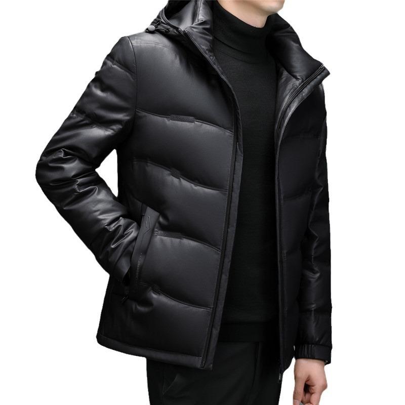 Haining Men's Sheepskin Medium and Long Hooded White Duck Down Casual Down Jacket Warm Leather Jacket Jacket Winter