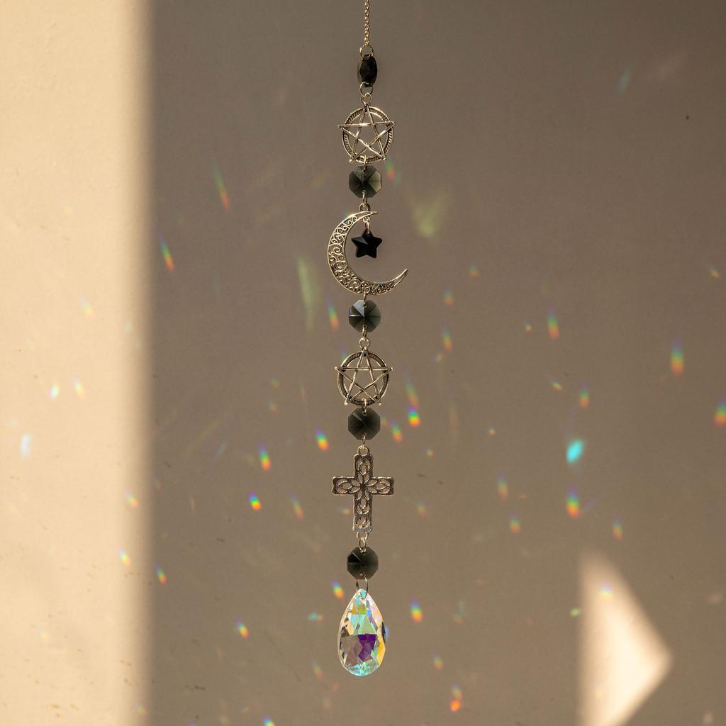 1PC Crystal Wind Chime with Moon Sun Catcher Diamond Prisms Dream Catcher Rainbow Pendant for Home Garden Decor