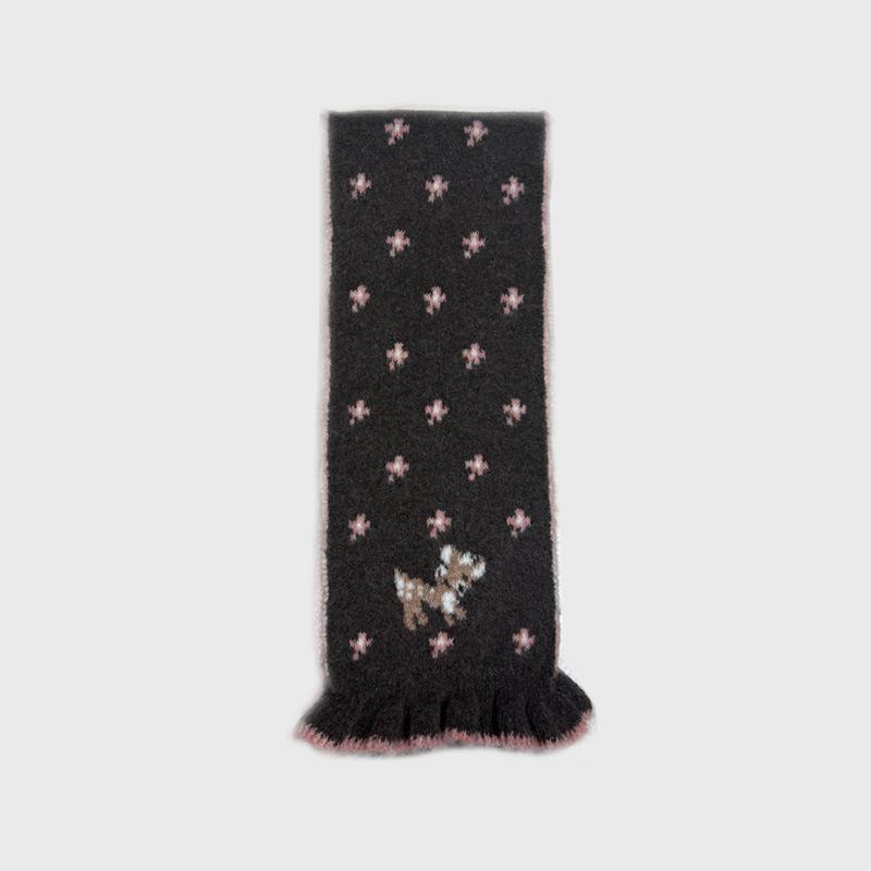 Korean Designer Wool Blended Cartoon Deer Jacquard Knitted Scarf for Women Winter Girly Lace Scarf