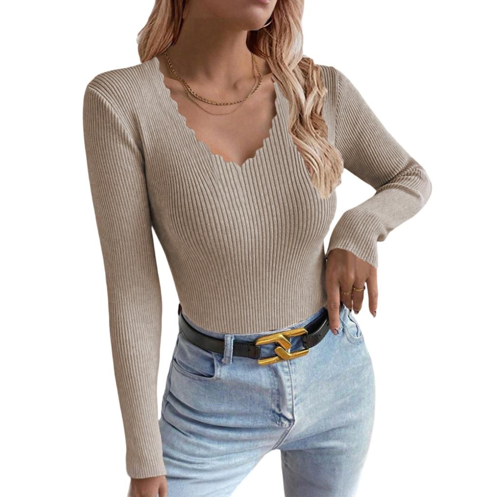 Women's V-neck Solid Color Long-sleeved Pullover Knitted Sweater Bottoming