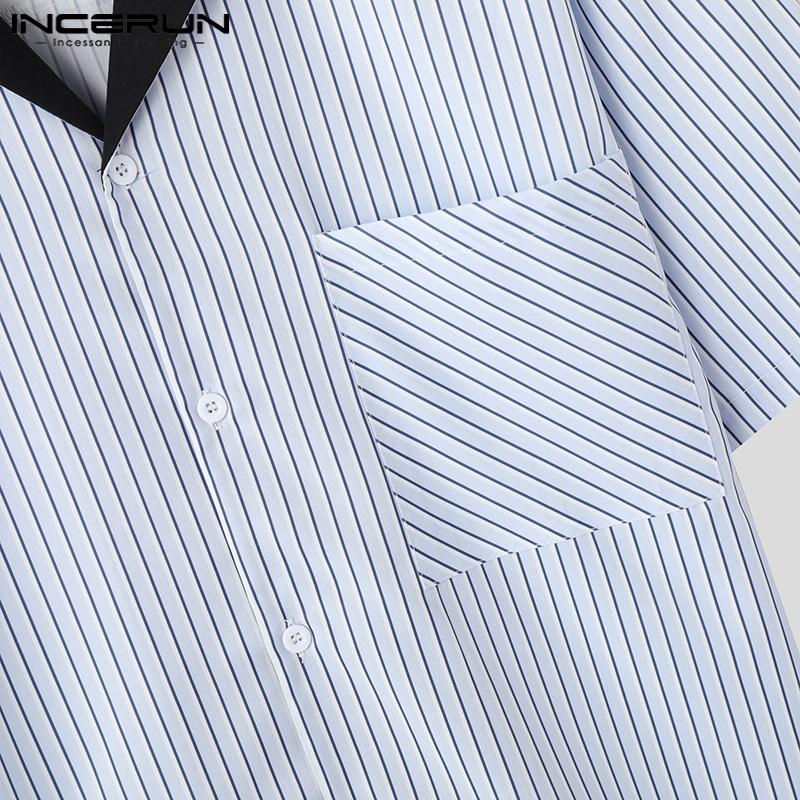 INCERUN Мужские летние свободные рубашки с коротким рукавом в полоску с пуговицами в стиле пэчворк, повседневные рубашки, топы