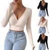 Ladies Short Girl Deep V Neck Slim Sexy Long Sleeve Knitted