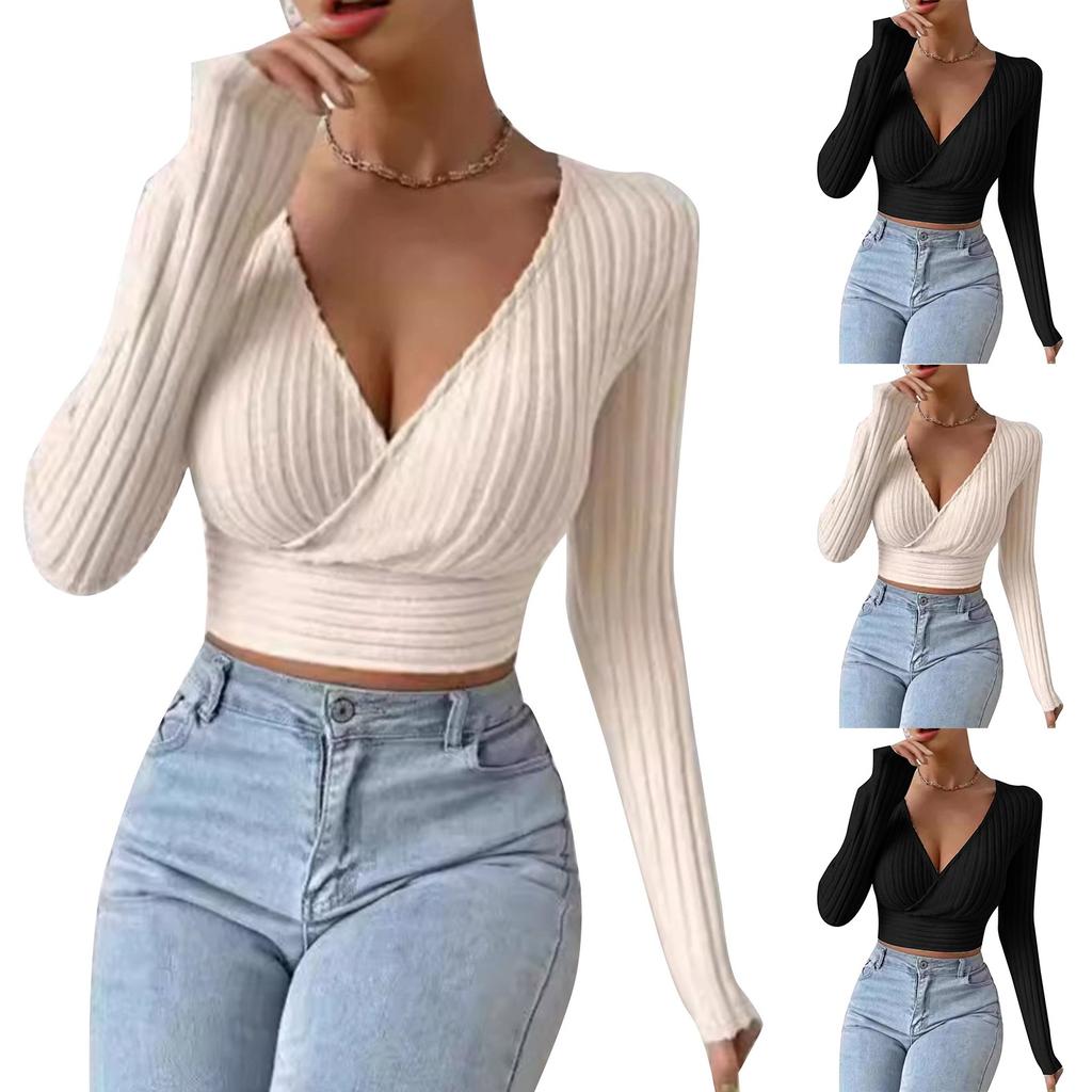 Ladies Short Hot Girl Deep V Neck Slim Sexy Long Sleeve Knitted