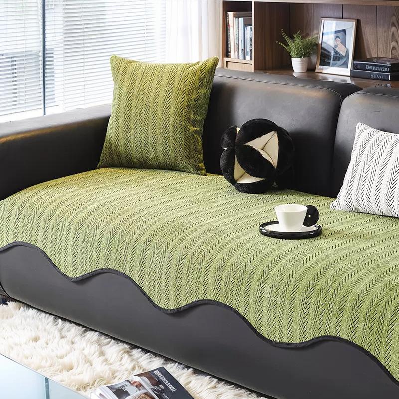 Premium Leather Sofa Cushion Autumn And Winter Plush New Four-Season Universal Fixed Non-Slip Straight Row Seat Cushion Cover