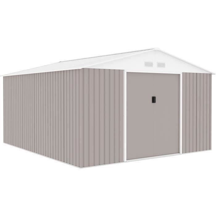 Metal Garden Shed 12.99 M² - 340 X 382 X 210 Cm - NEPTUNE - Anchoring Kit Included, 2 Sliding Doors - Taupe