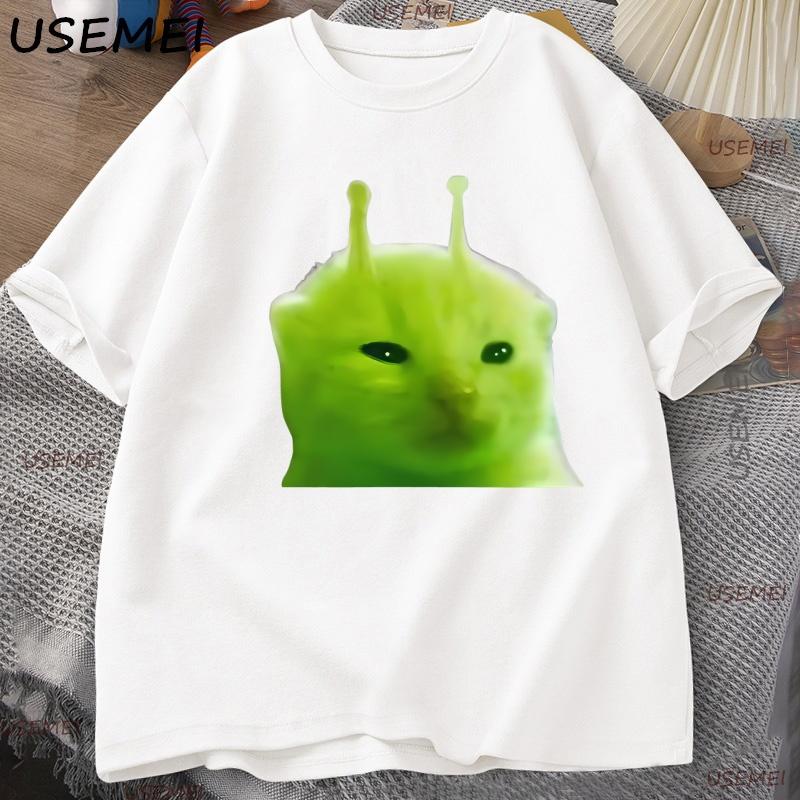 Green Alien Cat T Shirt Women Unisex Cat Meme Tee Glorp Gnarp Cat Brainrot Tshirt Silly Cute TShirt Loose Cotton Short Sleeve