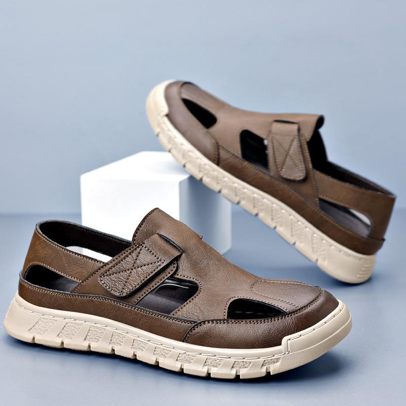 Fashion Men Soft Sole Comfort Sport Sandals Outdoor Light Beach Split Cow Leather Hollow Out Shoes Summer Anti-Slip Casual Men Sandals