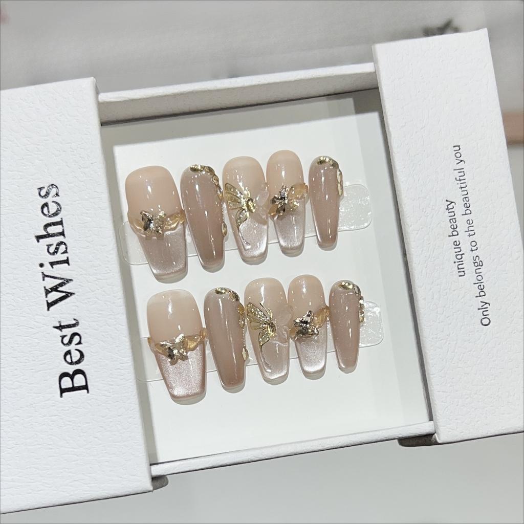 Selected New Styles of Wearing Armor Handmade Autumn and Winter Nail Art Temperament Nude Color Cat Eye French Golden Butterfly Diamond Nails