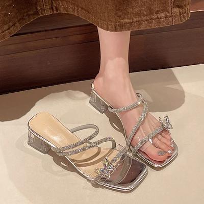 Летняя мода Женские шлепанцы на высоком каблуке 2025Новые Высококлассные банкетные модные шлепанцы Однотонные Уличные Размер 35-40 Женская обувь