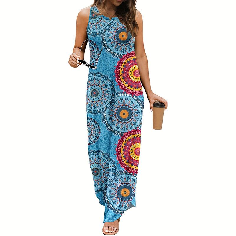 Женское летнее повседневное платье без рукавов с круглым вырезом и принтом в стиле ретро