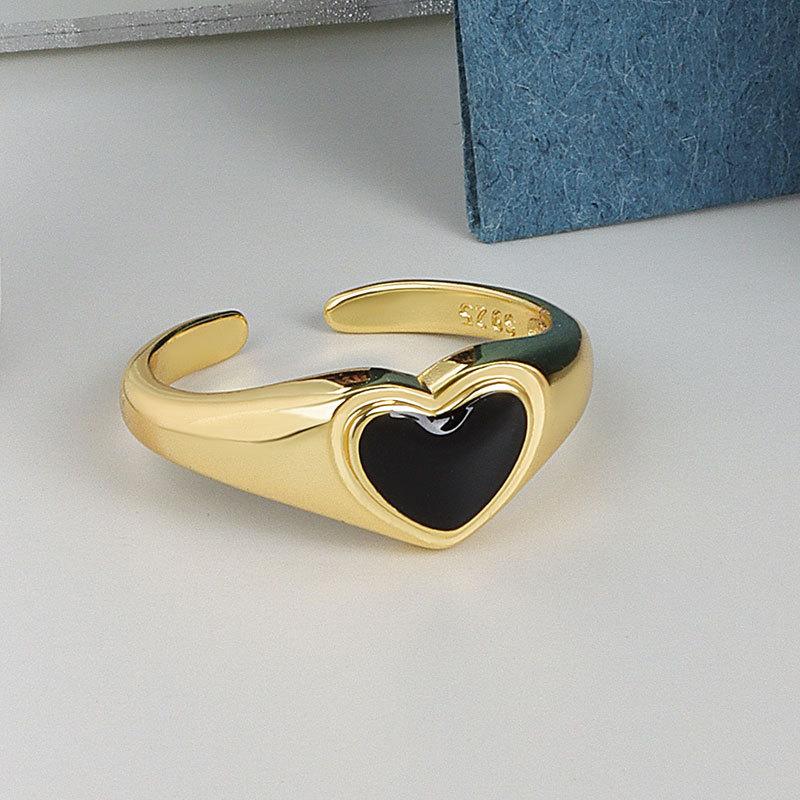 S925 Silver Black Heart Open Ring For Women Fashion Minimalist Cool Personality Index Finger Jewelry