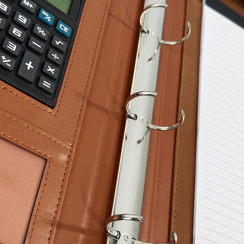 Portfolios Organizer 4-Ring Binder Leather A4 Zippered Padfolio with 10 Inch Tablet Solar Calculator Card Storage and Writing Pad